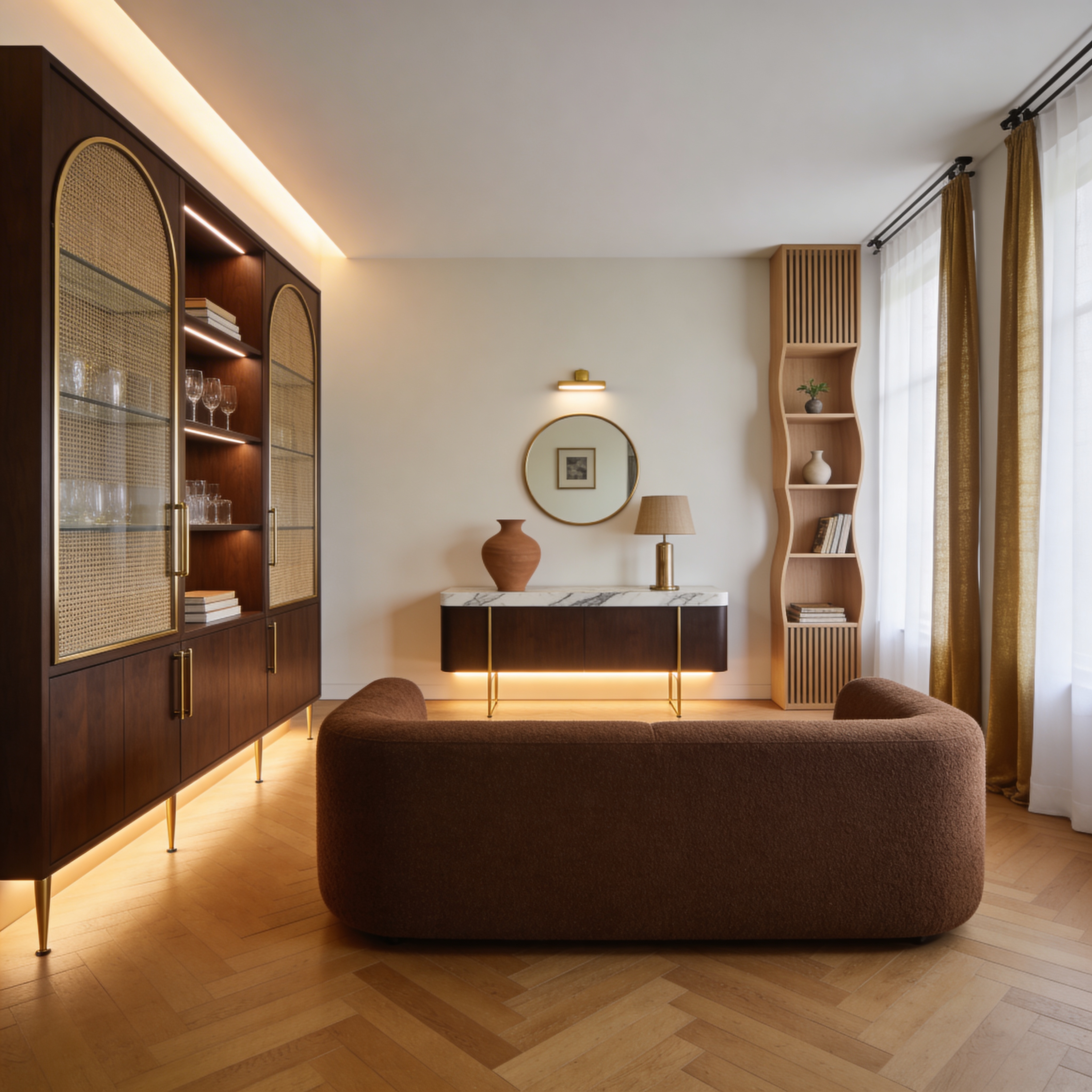 Seedream 4.5 winning architectural render: Elegant modern Italian luxury living room, warm minimalist aesthetic inspired by contemporary wooden…