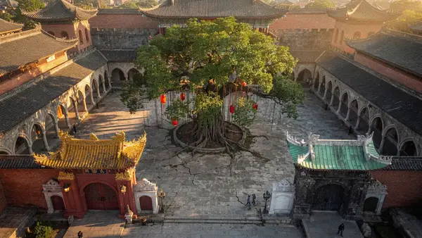 Flux 2 Pro winning architectural render: Cinematic aerial/drone establishing shot, golden hour, looking down into the central courtyard of a…