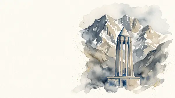 Riverflow 2.0 Pro winning architectural render: A fine-art watercolor poster, asymmetrical wide composition 16:9, full bleed from top to bottom with…